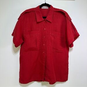 Escada Vintage Linen Safari Utility Shirt Red Button Down Blouse Size M